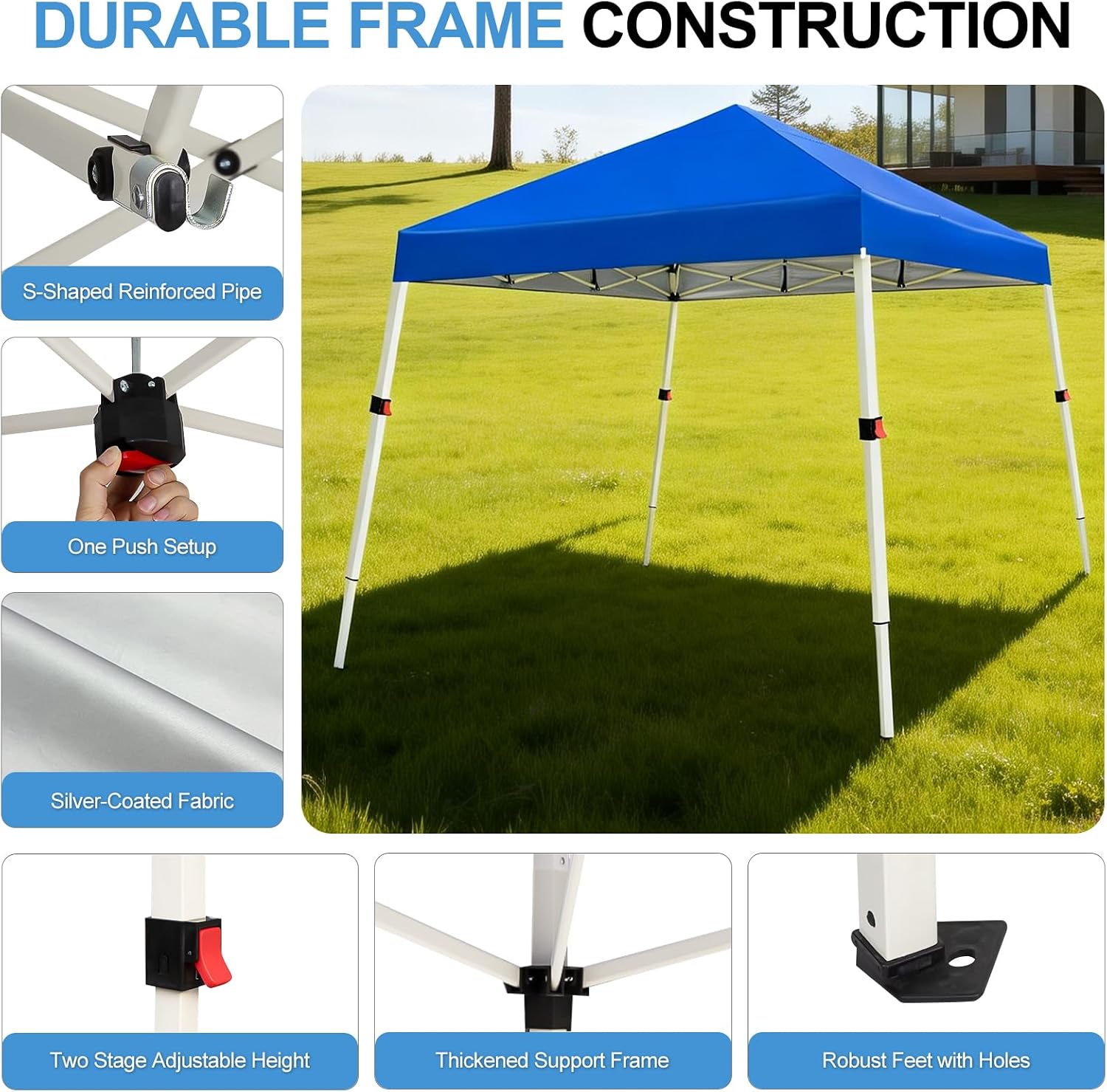 WEIZE 10x10 Slant Legs Pop Up Canopy Tent, 1-Button Push Setup Canopy Tent, Adjustable Height Instant Portable Shelter, Protable Backpack, Easy Outdoor Sun Shade for Events, 8x8 Top, Blue - Image 2