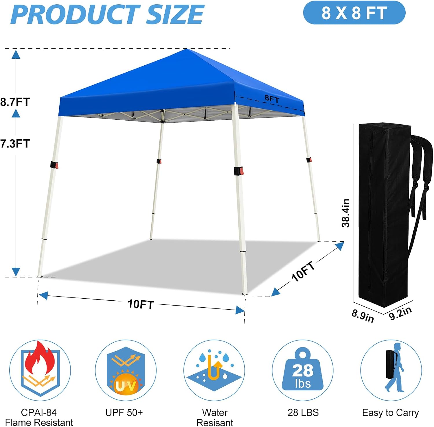 WEIZE 10x10 Slant Legs Pop Up Canopy Tent, 1-Button Push Setup Canopy Tent, Adjustable Height Instant Portable Shelter, Protable Backpack, Easy Outdoor Sun Shade for Events, 8x8 Top, Blue - Image 4